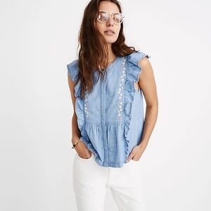 Madewell Floral Embroidered Denim Ruffle Top